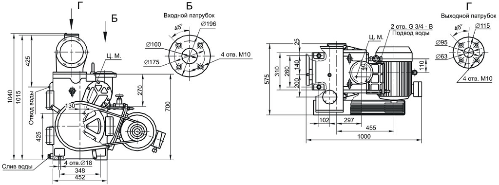 Габаритные размеры (чертеж) Золотниковый вакуумный насос АВЗ-90