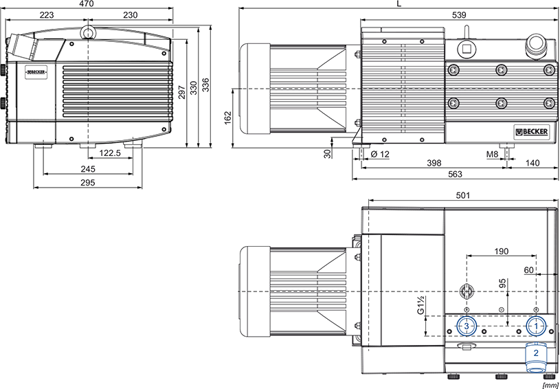Габаритные размеры (чертеж) Безмасляный пластинчато-роторный вакуумный насос Becker KVT 3.100