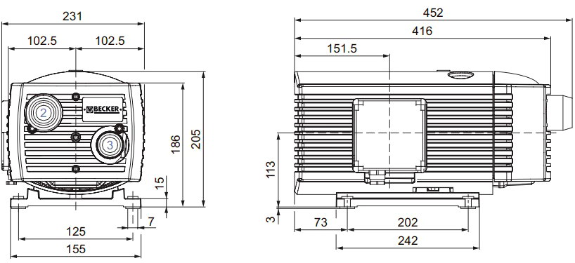 Габаритные размеры (чертеж) Безмасляный пластинчато-роторный вакуумный насос Becker KVX 3.60