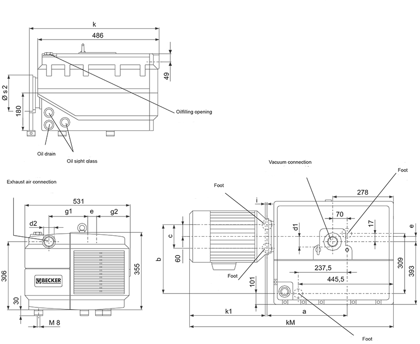 Габаритные размеры (чертеж) Одноступенчатый пластинчато-роторный вакуумный насос Becker U 4.250 SA/K