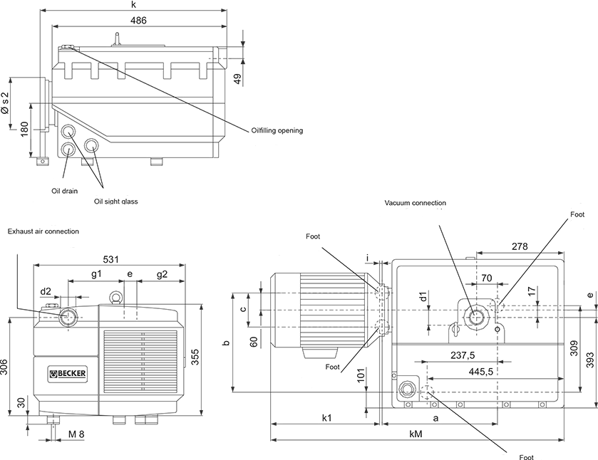 Габаритные размеры (чертеж) Одноступенчатый пластинчато-роторный вакуумный насос Becker U 4.250 F/K