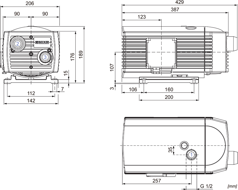 Габаритные размеры (чертеж) Безмасляный пластинчато-роторный вакуумный насос Becker VT 4.10