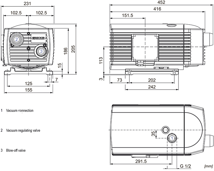 Габаритные размеры (чертеж) Безмасляный пластинчато-роторный вакуумный насос Becker VT 4.16