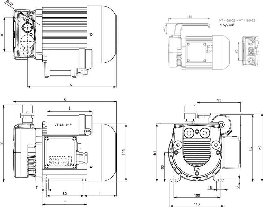 Габаритные размеры (чертеж) Безмасляный пластинчато-роторный вакуумный насос Becker VT 4.2