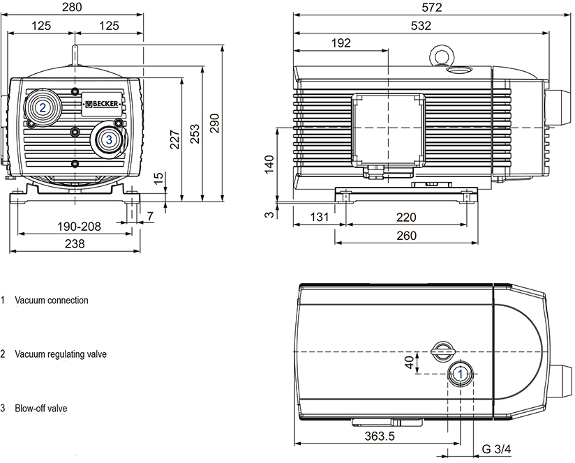 Габаритные размеры (чертеж) Безмасляный пластинчато-роторный вакуумный насос Becker VT 4.40