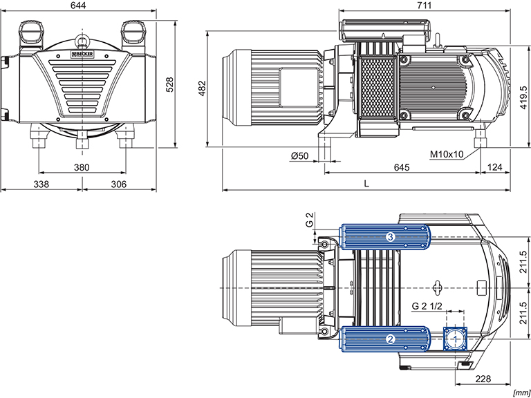Габаритные размеры (чертеж) Безмасляный пластинчато-роторный вакуумный насос Becker VTLF 2.200