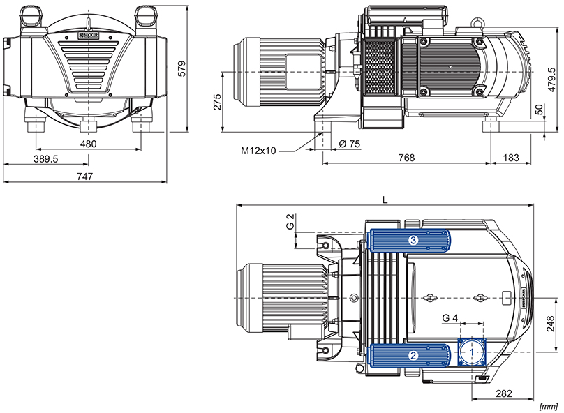 Габаритные размеры (чертеж) Безмасляный пластинчато-роторный вакуумный насос Becker VTLF 2.400