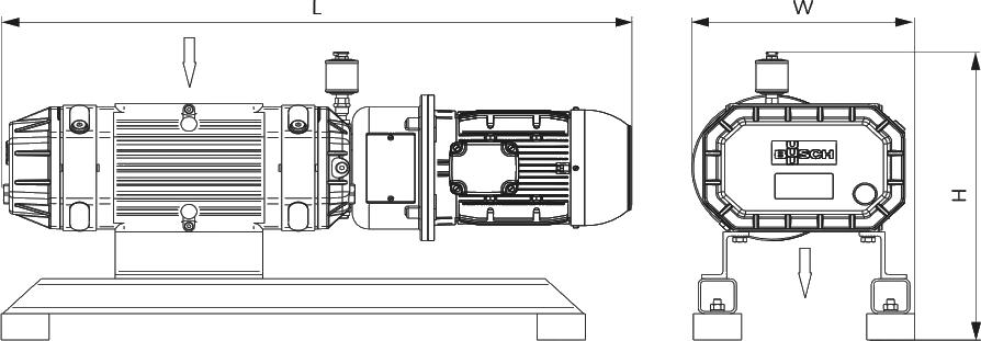 Габаритные размеры (чертеж) Бустерный роторный вакуумный насос Busch Puma WP 1000 D2