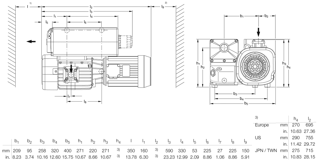 Габаритные размеры (чертеж) Одноступенчатый пластинчато-роторный вакуумный насос Leybold SOGEVAC SV 100 B