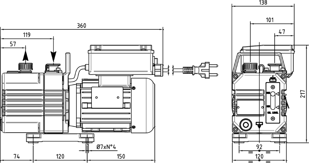 Габаритные размеры (чертеж) Двухступенчатый пластинчато-роторный вакуумный насос DVP DB.2D