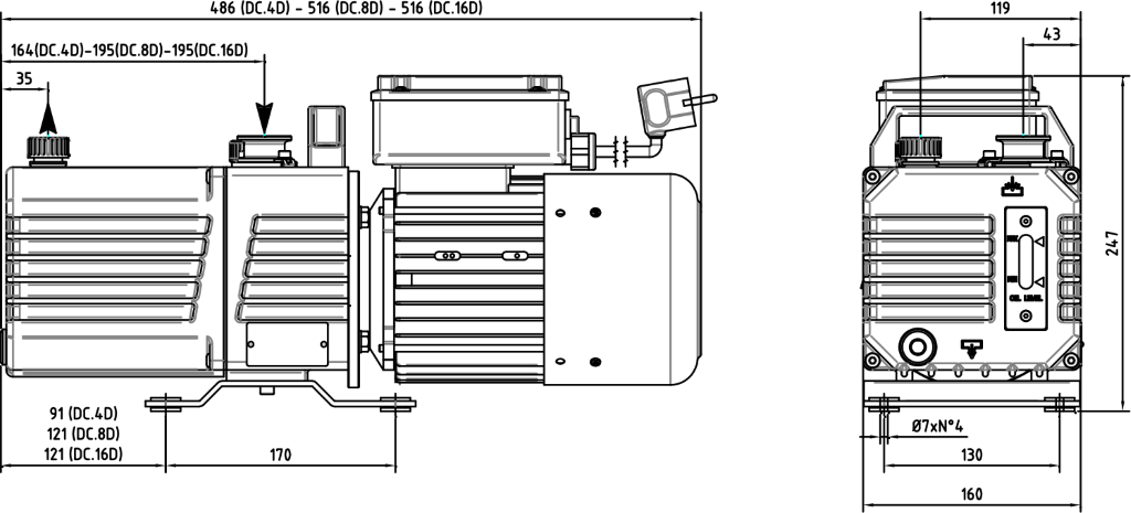 Габаритные размеры (чертеж) Двухступенчатый пластинчато-роторный вакуумный насос DVP DC.8D