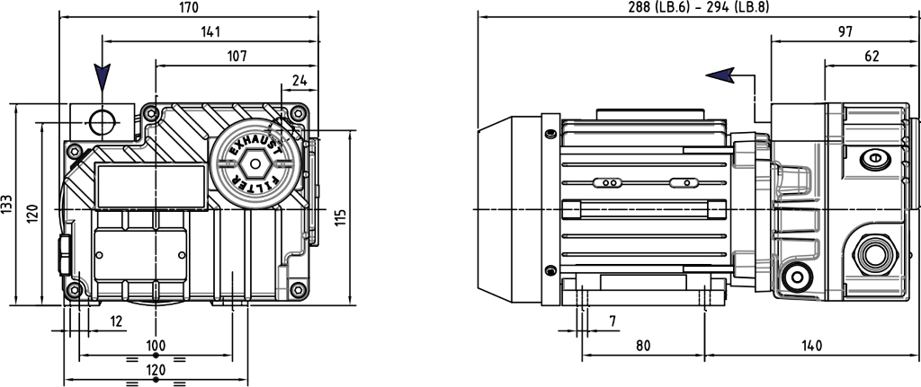 Габаритные размеры (чертеж) Одноступенчатый пластинчато-роторный вакуумный насос DVP LB.6