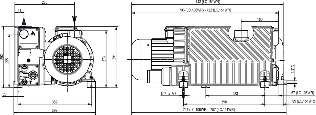 Габаритные размеры (чертеж) Одноступенчатый пластинчато-роторный вакуумный насос DVP LC.151 WR