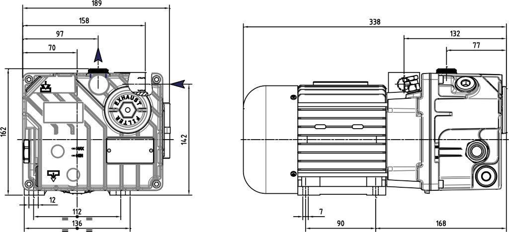 Габаритные размеры (чертеж) Одноступенчатый пластинчато-роторный вакуумный насос DVP LC.12