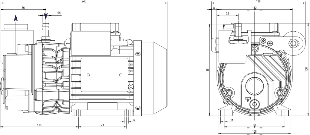 Габаритные размеры (чертеж) Одноступенчатый пластинчато-роторный вакуумный насос DVP LC.2