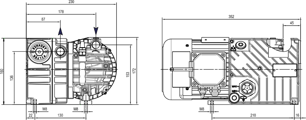 Габаритные размеры (чертеж) Одноступенчатый пластинчато-роторный вакуумный насос DVP LC.20