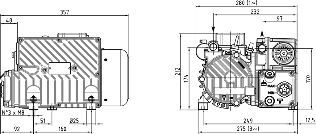 Габаритные размеры (чертеж) Одноступенчатый пластинчато-роторный вакуумный насос DVP LC.25