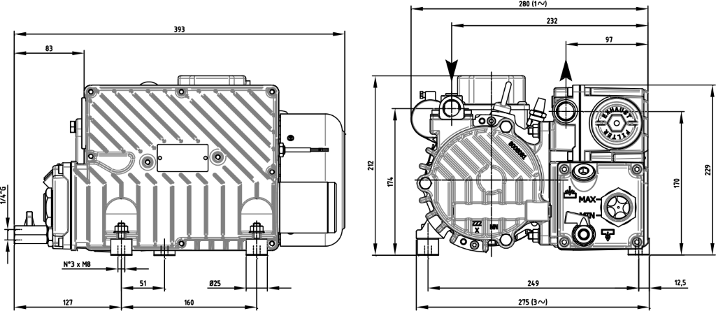 Габаритные размеры (чертеж) Одноступенчатый пластинчато-роторный вакуумный насос DVP LC.25 WR