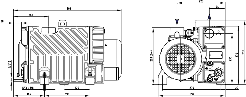 Габаритные размеры (чертеж) Одноступенчатый пластинчато-роторный вакуумный насос DVP LC.40 WR