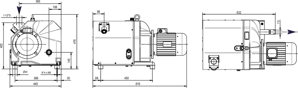 Габаритные размеры (чертеж) Кулачковый(когтевой) вакуумный насос DVP PA.155