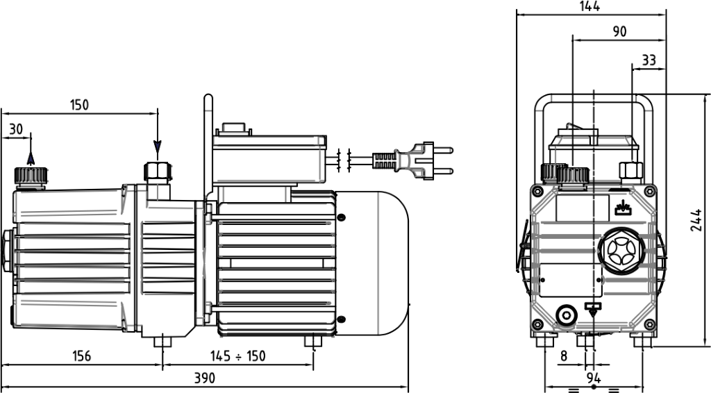 Габаритные размеры (чертеж) Двухступенчатый пластинчато-роторный вакуумный насос DVP RC.8D