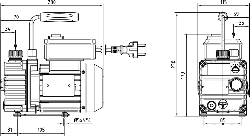 Габаритные размеры (чертеж) Двухступенчатый пластинчато-роторный вакуумный насос DVP RD.2D