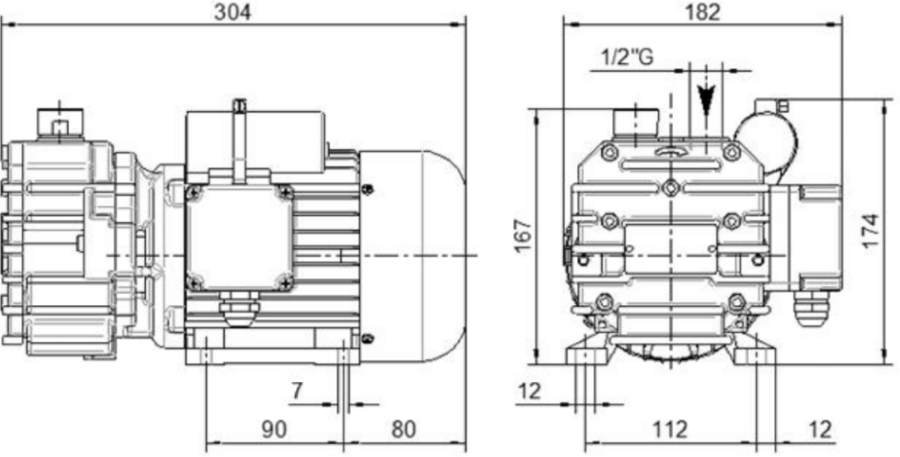 Габаритные размеры (чертеж) Безмасляный пластинчато-роторный вакуумный насос DVP SB.12