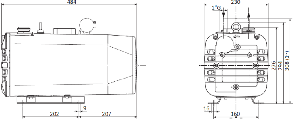 Габаритные размеры (чертеж) Безмасляный пластинчато-роторный вакуумный насос DVP SB.40