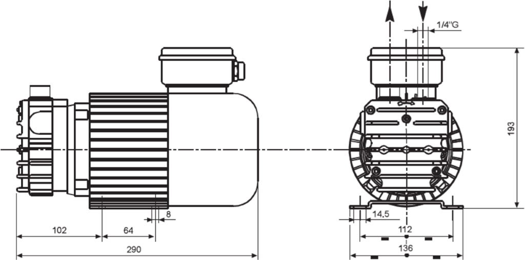Габаритные размеры (чертеж) Безмасляный пластинчато-роторный вакуумный насос DVP SB.6CC/1