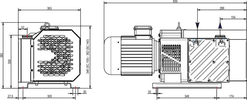 Габаритные размеры (чертеж) Безмасляный пластинчато-роторный вакуумный насос DVP SC.140