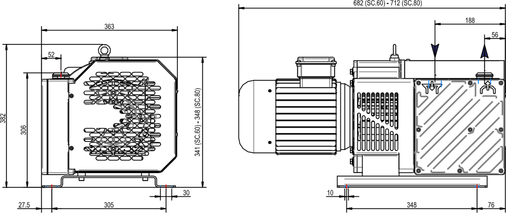 Габаритные размеры (чертеж) Безмасляный пластинчато-роторный вакуумный насос DVP SC.80