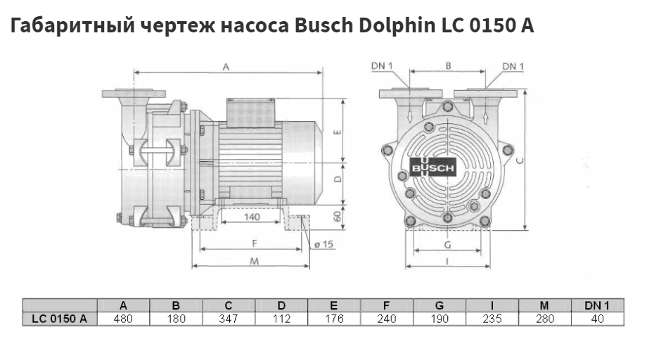 Габаритные размеры (чертеж) Водокольцевой вакуумный насос Busch Dolphin LC 0150 A