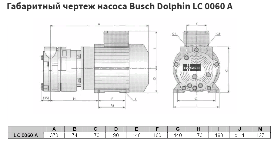 Габаритные размеры (чертеж) Водокольцевой вакуумный насос Busch Dolphin LC 0060 A